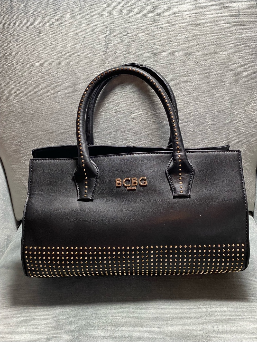 BCBG Paris Black Satchel with Gold Stud Accents, dual handles, EUC